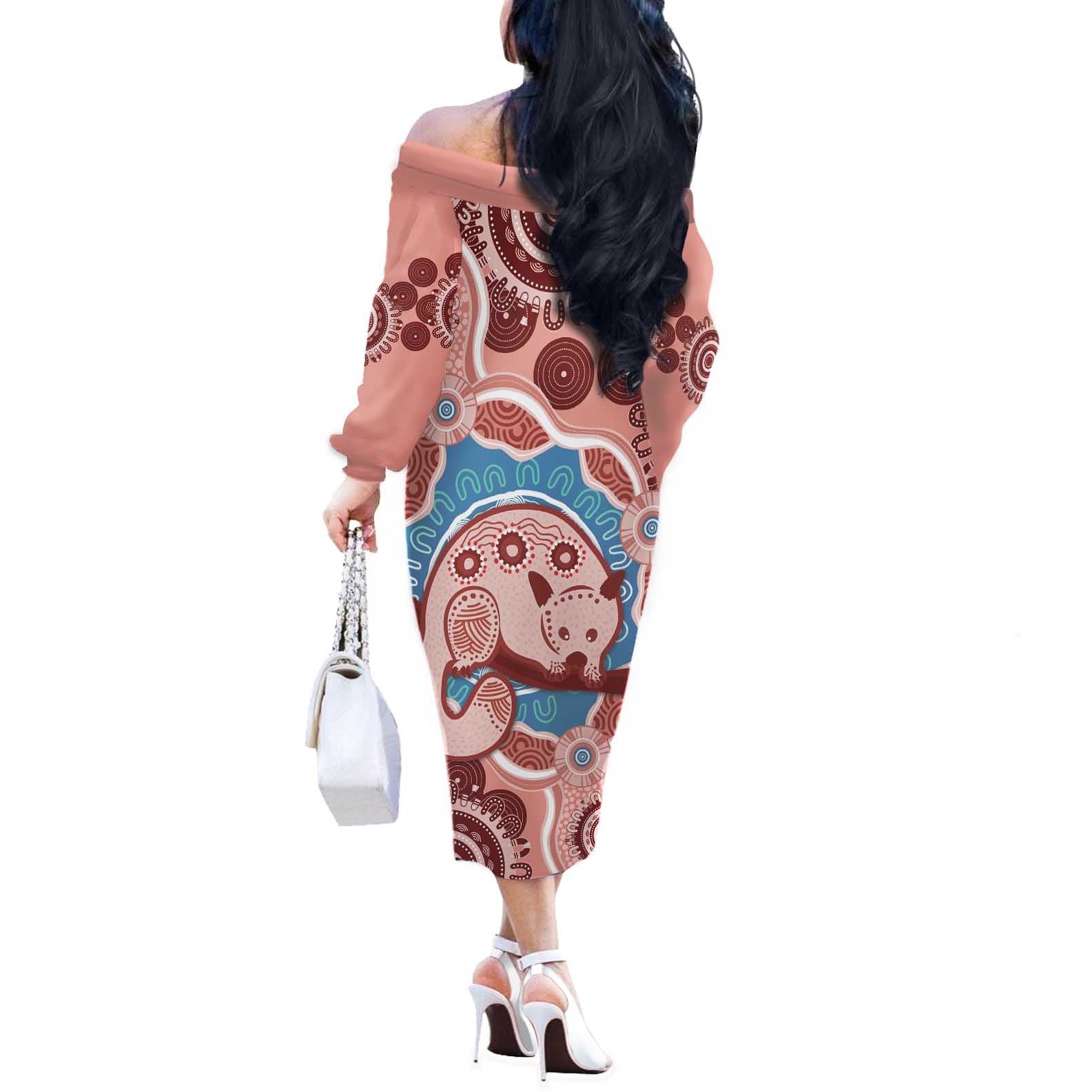 Blush Pink Australia Possum Off The Shoulder Long Sleeve Dress Indigenous Art