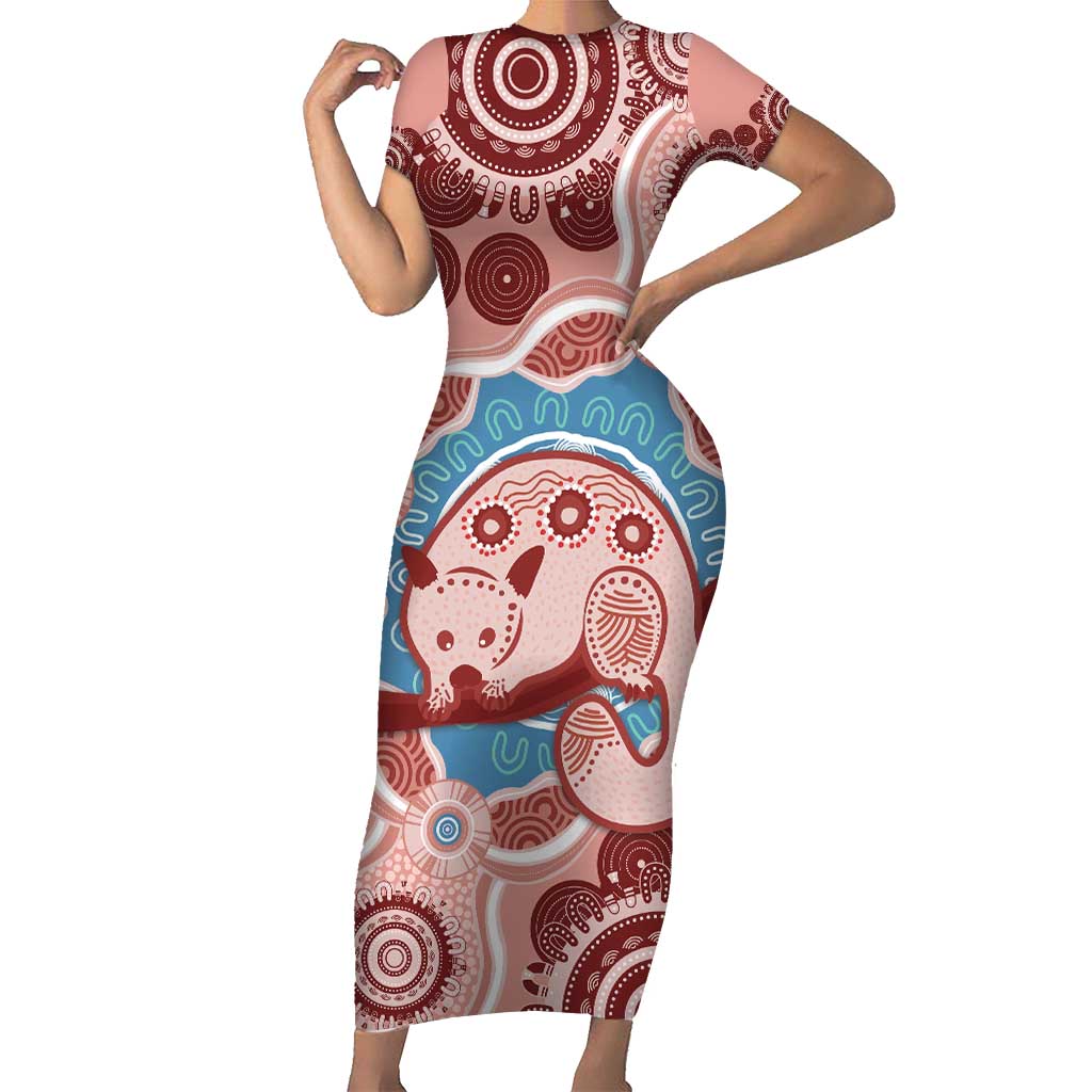 Blush Pink Australia Possum Short Sleeve Bodycon Dress Indigenous Art