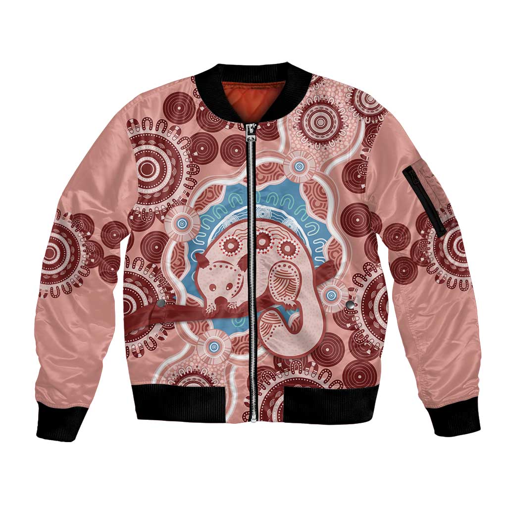 Blush Pink Australia Possum Sleeve Zip Bomber Jacket Indigenous Art