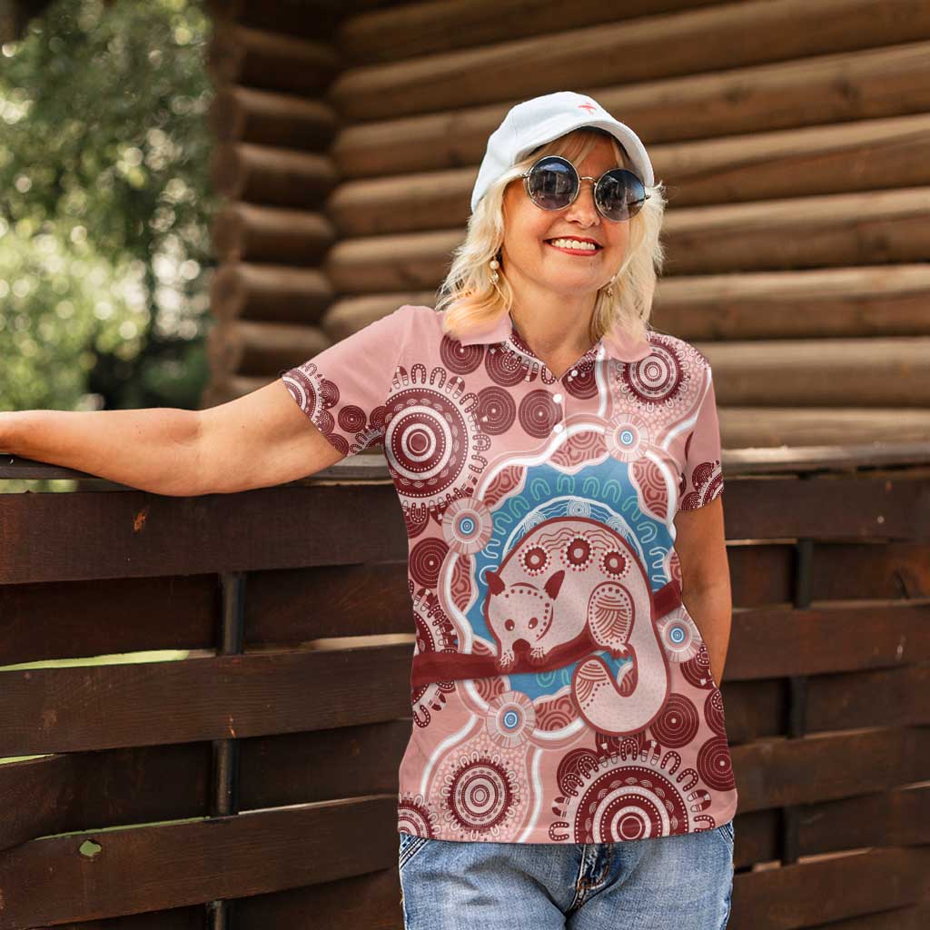 Blush Pink Australia Possum Women Polo Shirt Indigenous Art
