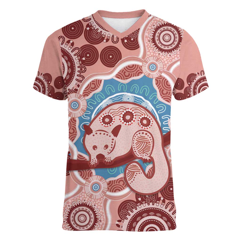 Blush Pink Australia Possum Women V-Neck T-Shirt Indigenous Art
