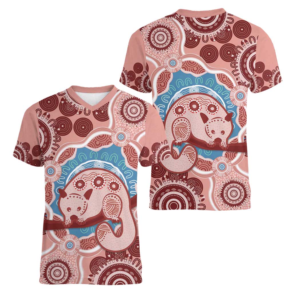 Blush Pink Australia Possum Women V-Neck T-Shirt Indigenous Art