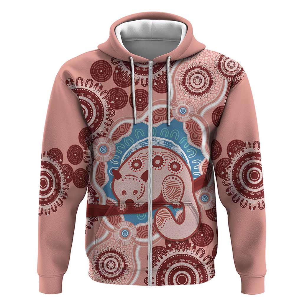 Blush Pink Australia Possum Zip Hoodie Indigenous Art