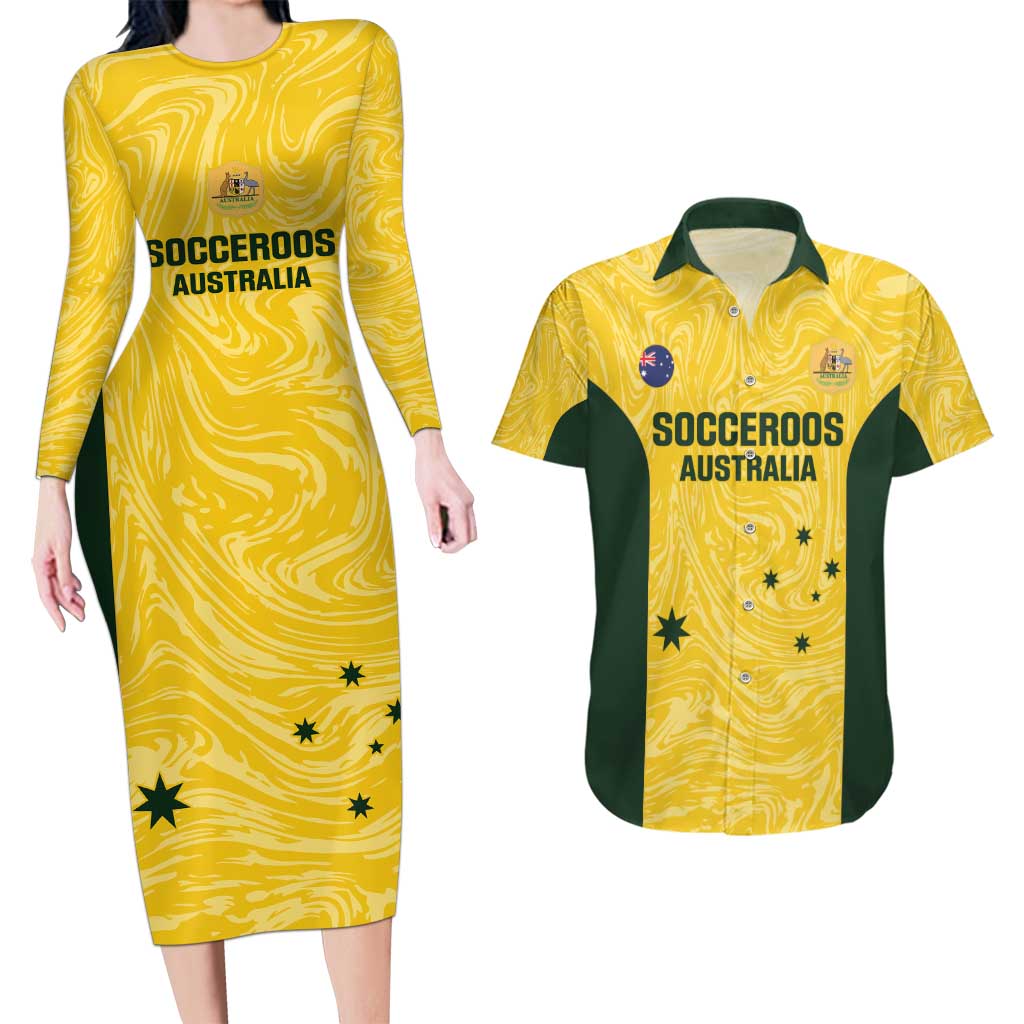 Custom Australia Socceroos Couples Matching Long Sleeve Bodycon Dress and Hawaiian Shirt Go Aussie Marble Pattern Sporty Style