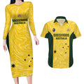 Custom Australia Socceroos Couples Matching Long Sleeve Bodycon Dress and Hawaiian Shirt Go Aussie Marble Pattern Sporty Style