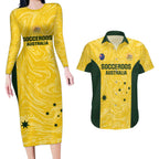 Custom Australia Socceroos Couples Matching Long Sleeve Bodycon Dress and Hawaiian Shirt Go Aussie Marble Pattern Sporty Style