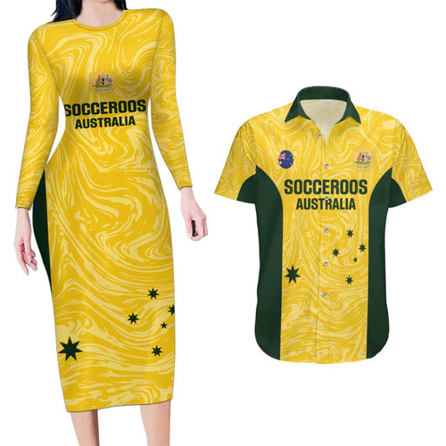 Custom Australia Socceroos Couples Matching Long Sleeve Bodycon Dress and Hawaiian Shirt Go Aussie Marble Pattern Sporty Style