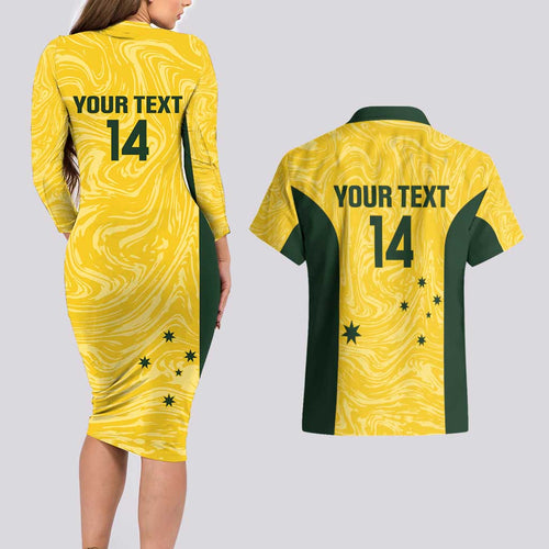 Custom Australia Socceroos Couples Matching Long Sleeve Bodycon Dress and Hawaiian Shirt Go Aussie Marble Pattern Sporty Style