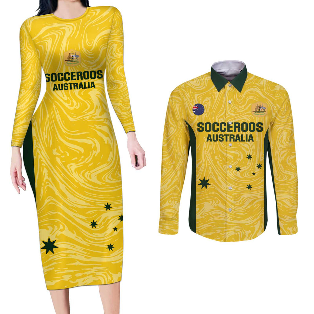 Custom Australia Socceroos Couples Matching Long Sleeve Bodycon Dress and Long Sleeve Button Shirt Go Aussie Marble Pattern Sporty Style