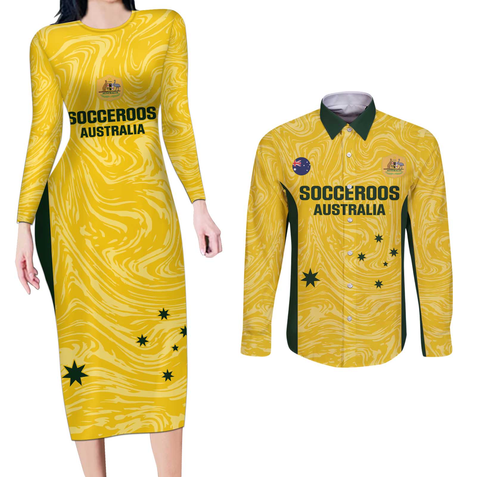 Custom Australia Socceroos Couples Matching Long Sleeve Bodycon Dress and Long Sleeve Button Shirt Go Aussie Marble Pattern Sporty Style