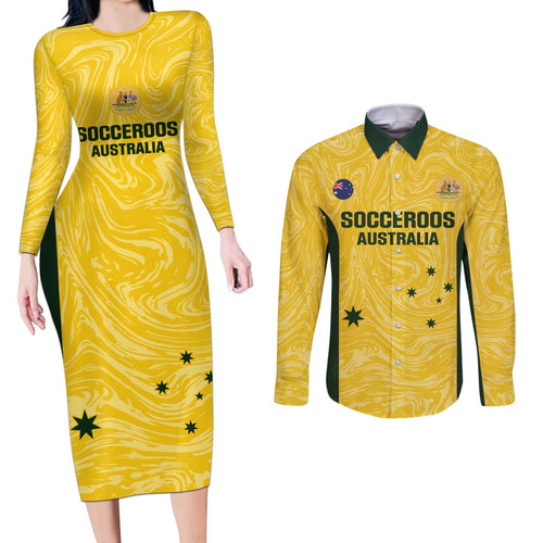 Custom Australia Socceroos Couples Matching Long Sleeve Bodycon Dress and Long Sleeve Button Shirt Go Aussie Marble Pattern Sporty Style