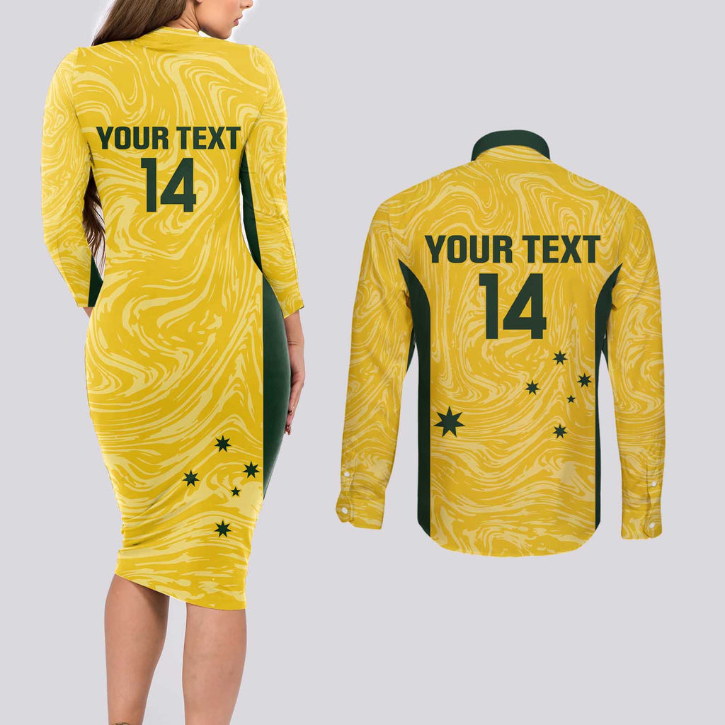 Custom Australia Socceroos Couples Matching Long Sleeve Bodycon Dress and Long Sleeve Button Shirt Go Aussie Marble Pattern Sporty Style