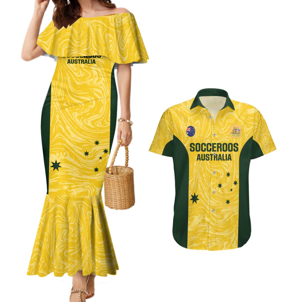 Custom Australia Socceroos Couples Matching Mermaid Dress and Hawaiian Shirt Go Aussie Marble Pattern Sporty Style