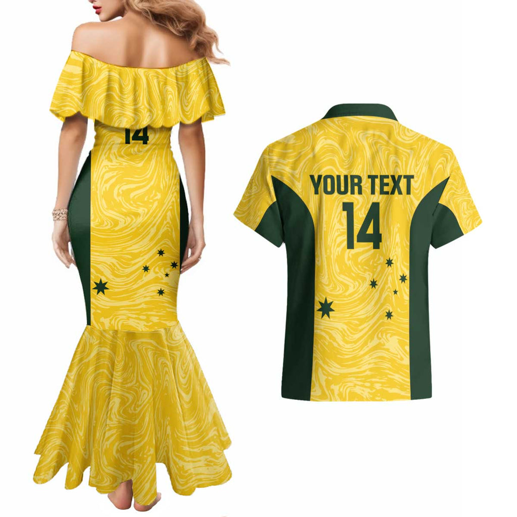 Custom Australia Socceroos Couples Matching Mermaid Dress and Hawaiian Shirt Go Aussie Marble Pattern Sporty Style