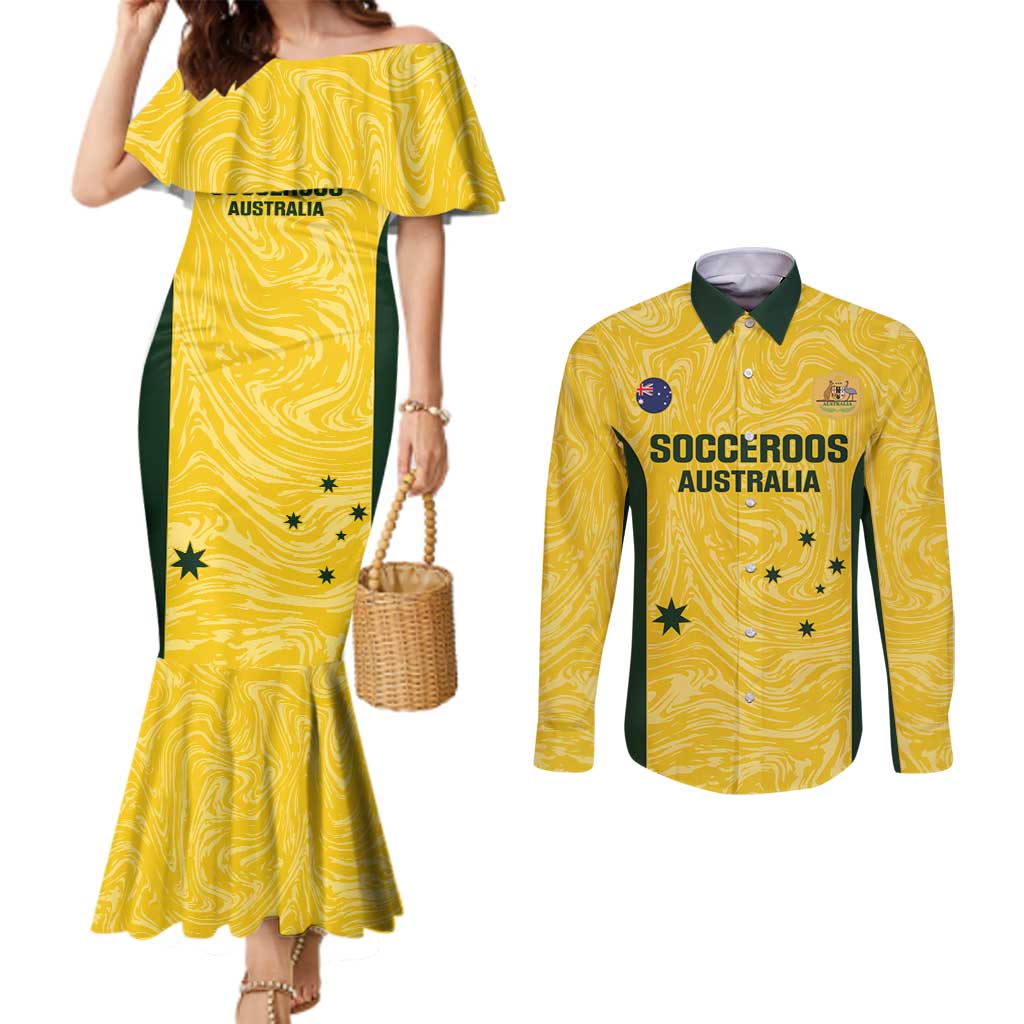 Custom Australia Socceroos Couples Matching Mermaid Dress and Long Sleeve Button Shirt Go Aussie Marble Pattern Sporty Style