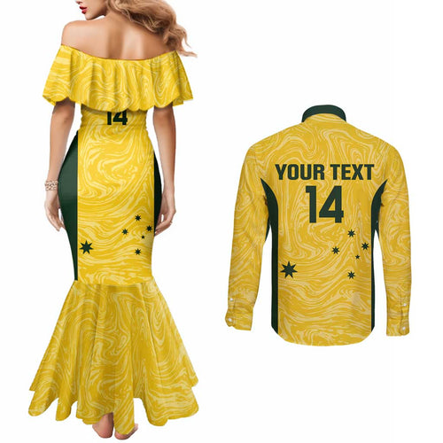 Custom Australia Socceroos Couples Matching Mermaid Dress and Long Sleeve Button Shirt Go Aussie Marble Pattern Sporty Style
