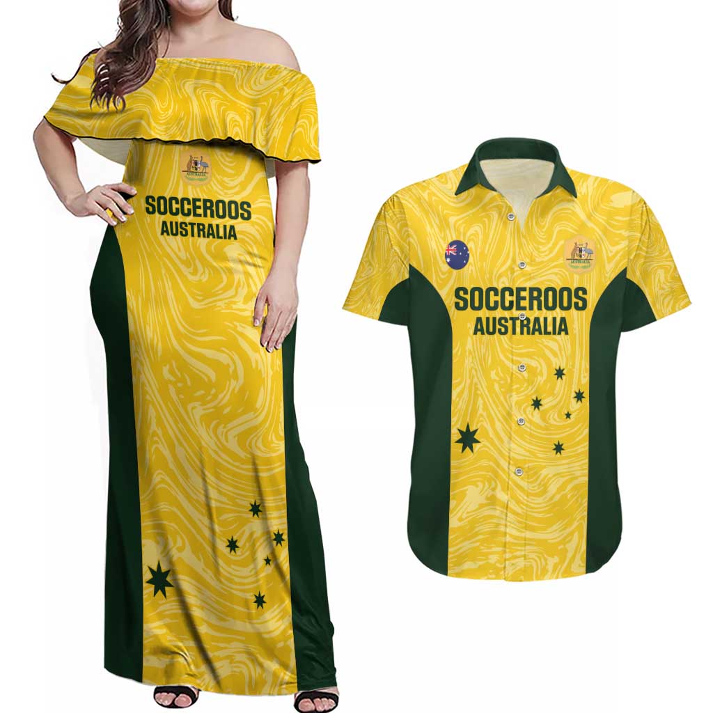 Custom Australia Socceroos Couples Matching Off Shoulder Maxi Dress and Hawaiian Shirt Go Aussie Marble Pattern Sporty Style