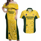 Custom Australia Socceroos Couples Matching Off Shoulder Maxi Dress and Hawaiian Shirt Go Aussie Marble Pattern Sporty Style