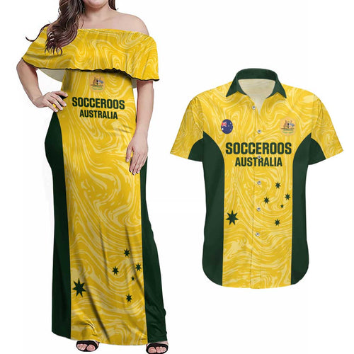 Custom Australia Socceroos Couples Matching Off Shoulder Maxi Dress and Hawaiian Shirt Go Aussie Marble Pattern Sporty Style