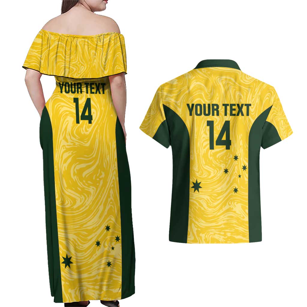 Custom Australia Socceroos Couples Matching Off Shoulder Maxi Dress and Hawaiian Shirt Go Aussie Marble Pattern Sporty Style