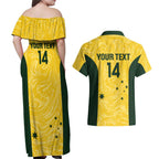 Custom Australia Socceroos Couples Matching Off Shoulder Maxi Dress and Hawaiian Shirt Go Aussie Marble Pattern Sporty Style