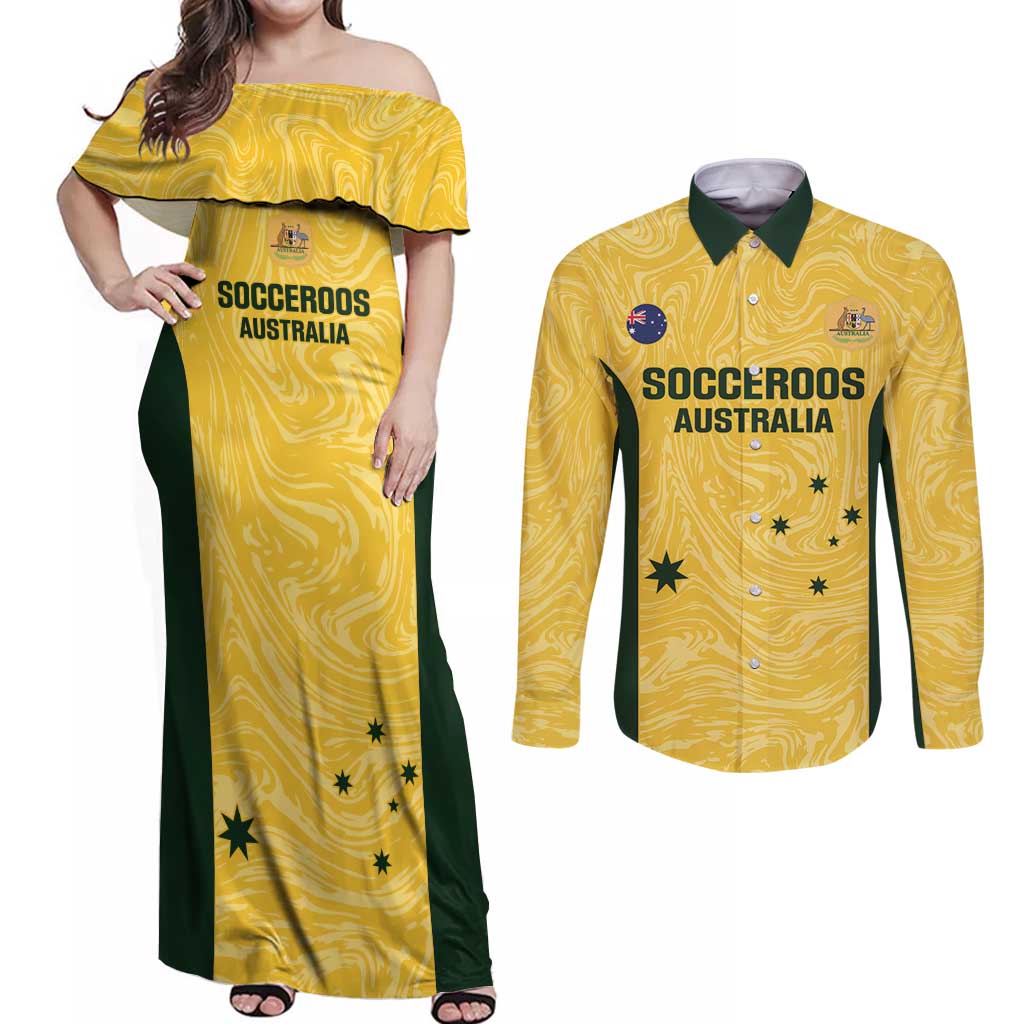 Custom Australia Socceroos Couples Matching Off Shoulder Maxi Dress and Long Sleeve Button Shirt Go Aussie Marble Pattern Sporty Style
