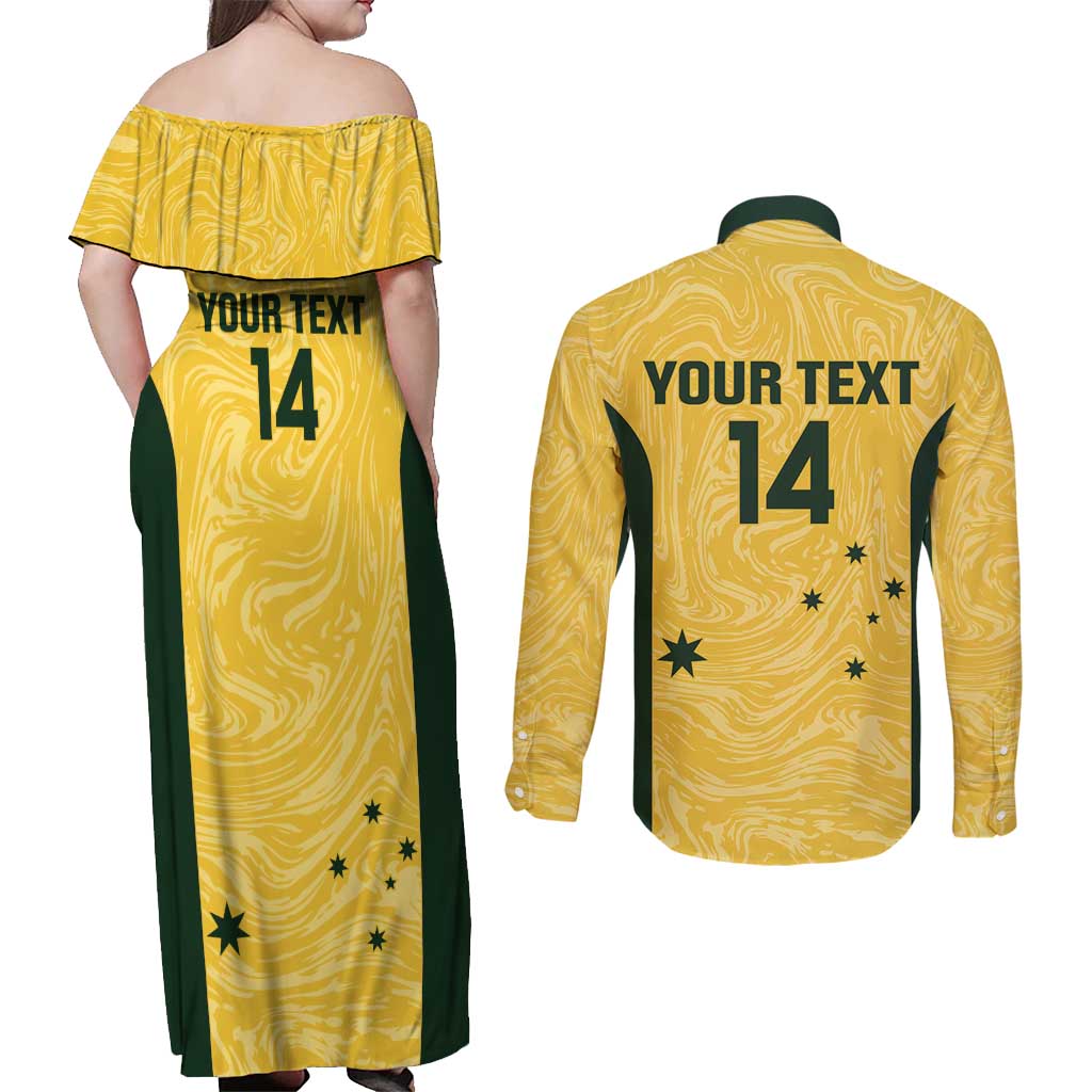 Custom Australia Socceroos Couples Matching Off Shoulder Maxi Dress and Long Sleeve Button Shirt Go Aussie Marble Pattern Sporty Style