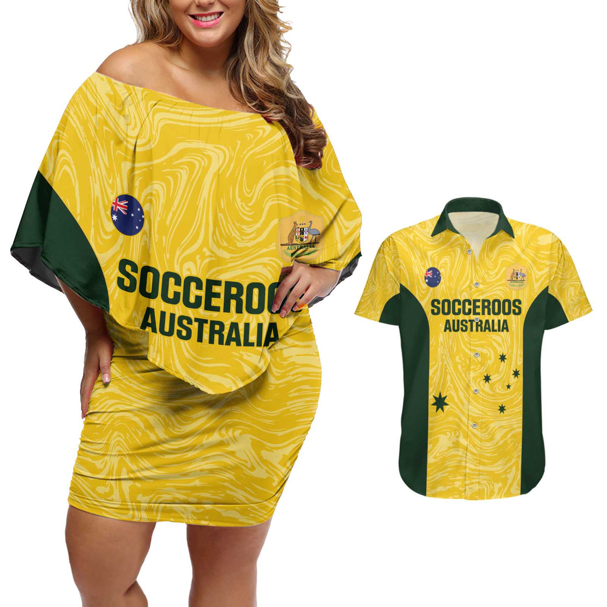 Custom Australia Socceroos Couples Matching Off Shoulder Short Dress and Hawaiian Shirt Go Aussie Marble Pattern Sporty Style