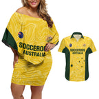 Custom Australia Socceroos Couples Matching Off Shoulder Short Dress and Hawaiian Shirt Go Aussie Marble Pattern Sporty Style