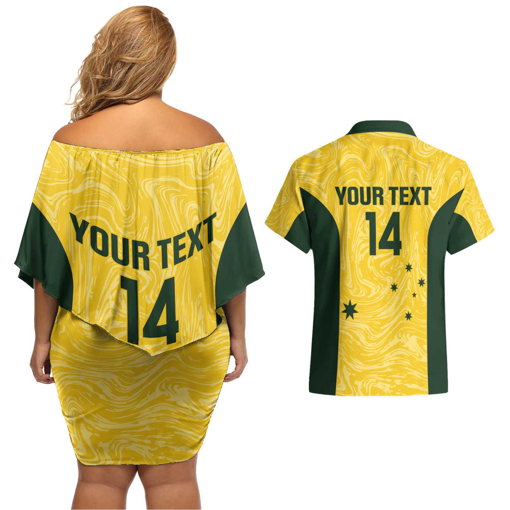 Custom Australia Socceroos Couples Matching Off Shoulder Short Dress and Hawaiian Shirt Go Aussie Marble Pattern Sporty Style