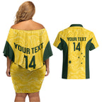 Custom Australia Socceroos Couples Matching Off Shoulder Short Dress and Hawaiian Shirt Go Aussie Marble Pattern Sporty Style
