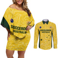 Custom Australia Socceroos Couples Matching Off Shoulder Short Dress and Long Sleeve Button Shirt Go Aussie Marble Pattern Sporty Style