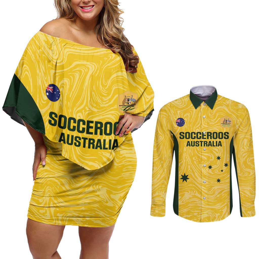 Custom Australia Socceroos Couples Matching Off Shoulder Short Dress and Long Sleeve Button Shirt Go Aussie Marble Pattern Sporty Style