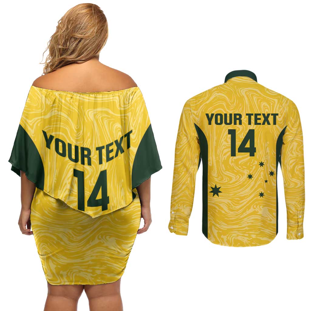 Custom Australia Socceroos Couples Matching Off Shoulder Short Dress and Long Sleeve Button Shirt Go Aussie Marble Pattern Sporty Style