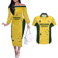 Custom Australia Socceroos Couples Matching Off The Shoulder Long Sleeve Dress and Hawaiian Shirt Go Aussie Marble Pattern Sporty Style