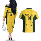 Custom Australia Socceroos Couples Matching Off The Shoulder Long Sleeve Dress and Hawaiian Shirt Go Aussie Marble Pattern Sporty Style