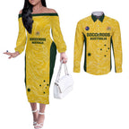 Custom Australia Socceroos Couples Matching Off The Shoulder Long Sleeve Dress and Long Sleeve Button Shirt Go Aussie Marble Pattern Sporty Style