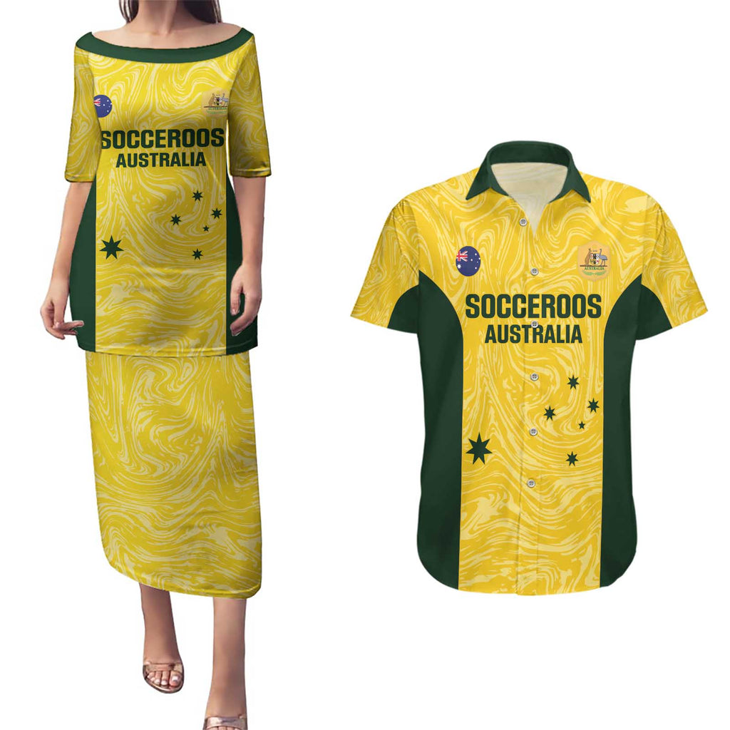Custom Australia Socceroos Couples Matching Puletasi and Hawaiian Shirt Go Aussie Marble Pattern Sporty Style
