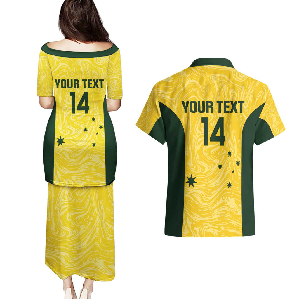 Custom Australia Socceroos Couples Matching Puletasi and Hawaiian Shirt Go Aussie Marble Pattern Sporty Style