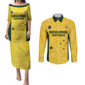 Custom Australia Socceroos Couples Matching Puletasi and Long Sleeve Button Shirt Go Aussie Marble Pattern Sporty Style