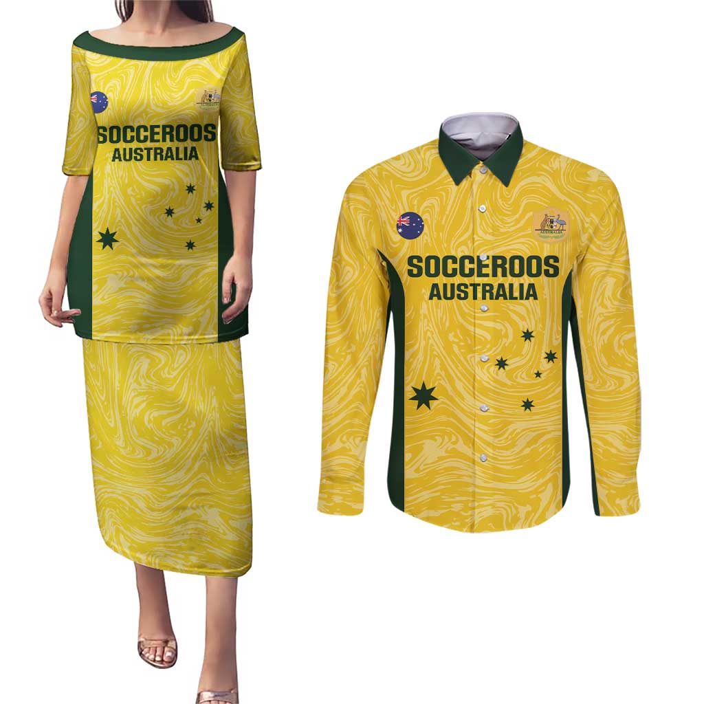 Custom Australia Socceroos Couples Matching Puletasi and Long Sleeve Button Shirt Go Aussie Marble Pattern Sporty Style