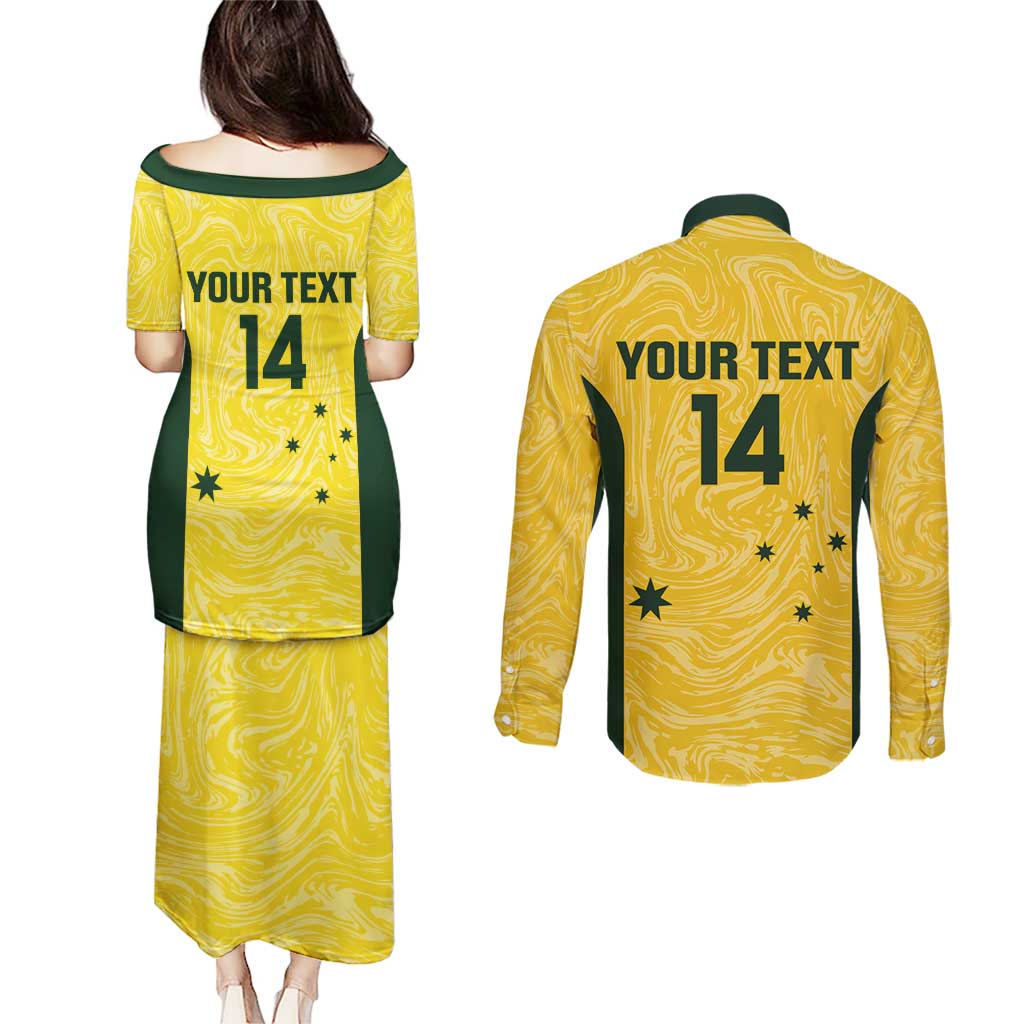 Custom Australia Socceroos Couples Matching Puletasi and Long Sleeve Button Shirt Go Aussie Marble Pattern Sporty Style