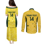 Custom Australia Socceroos Couples Matching Puletasi and Long Sleeve Button Shirt Go Aussie Marble Pattern Sporty Style