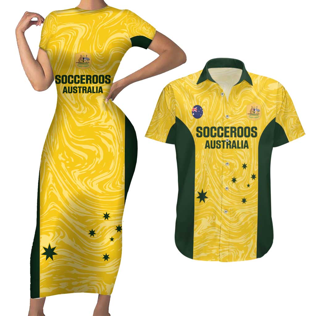 Custom Australia Socceroos Couples Matching Short Sleeve Bodycon Dress and Hawaiian Shirt Go Aussie Marble Pattern Sporty Style