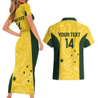 Custom Australia Socceroos Couples Matching Short Sleeve Bodycon Dress and Hawaiian Shirt Go Aussie Marble Pattern Sporty Style