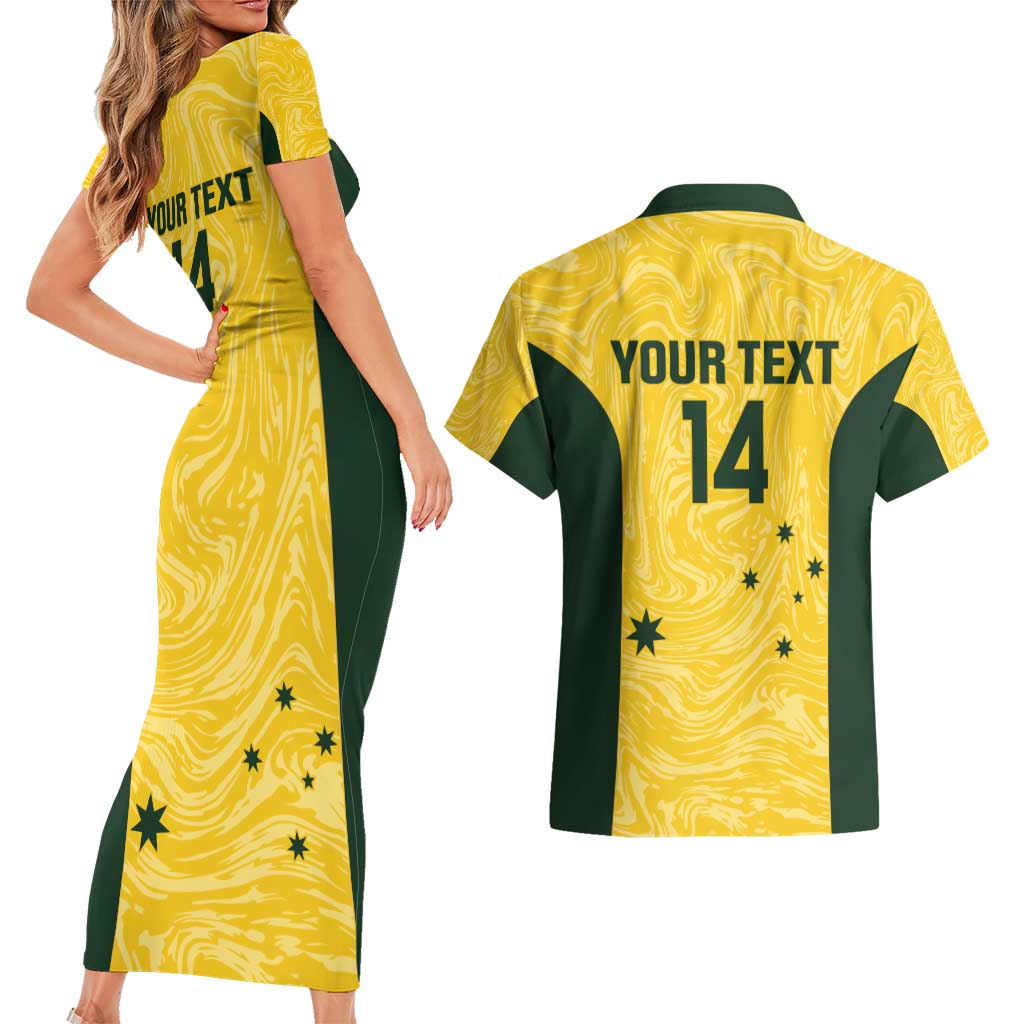 Custom Australia Socceroos Couples Matching Short Sleeve Bodycon Dress and Hawaiian Shirt Go Aussie Marble Pattern Sporty Style
