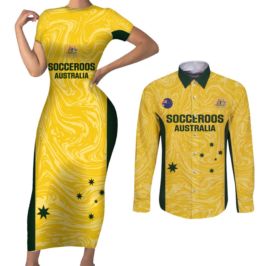 Custom Australia Socceroos Couples Matching Short Sleeve Bodycon Dress and Long Sleeve Button Shirt Go Aussie Marble Pattern Sporty Style