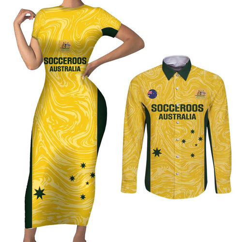 Custom Australia Socceroos Couples Matching Short Sleeve Bodycon Dress and Long Sleeve Button Shirt Go Aussie Marble Pattern Sporty Style