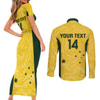 Custom Australia Socceroos Couples Matching Short Sleeve Bodycon Dress and Long Sleeve Button Shirt Go Aussie Marble Pattern Sporty Style