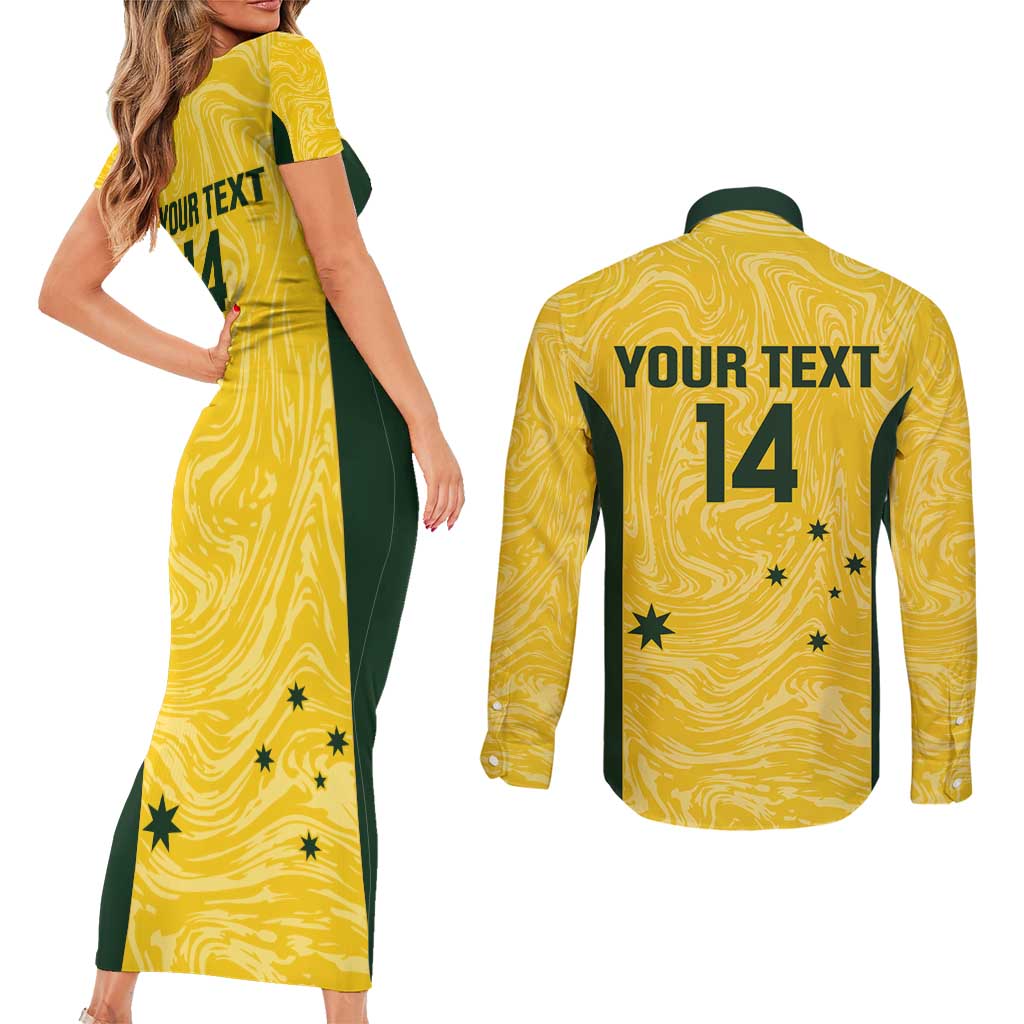 Custom Australia Socceroos Couples Matching Short Sleeve Bodycon Dress and Long Sleeve Button Shirt Go Aussie Marble Pattern Sporty Style